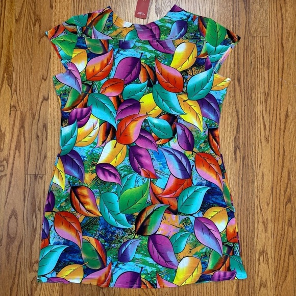 Colorful Green Purple Yellow  Flower Crew Neck Short Sleeve Pull Over Dress - Picture 14 of 14